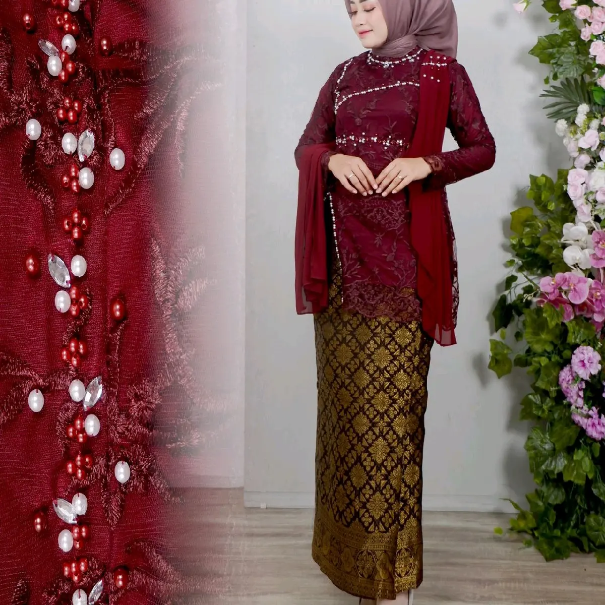 OneSet Kebaya Rosalia Slendang Jumbo LD 120 - Kebaya Lamaran Wisuda Wanita Modern Pesta Mewah Payet  Mutiara Tile