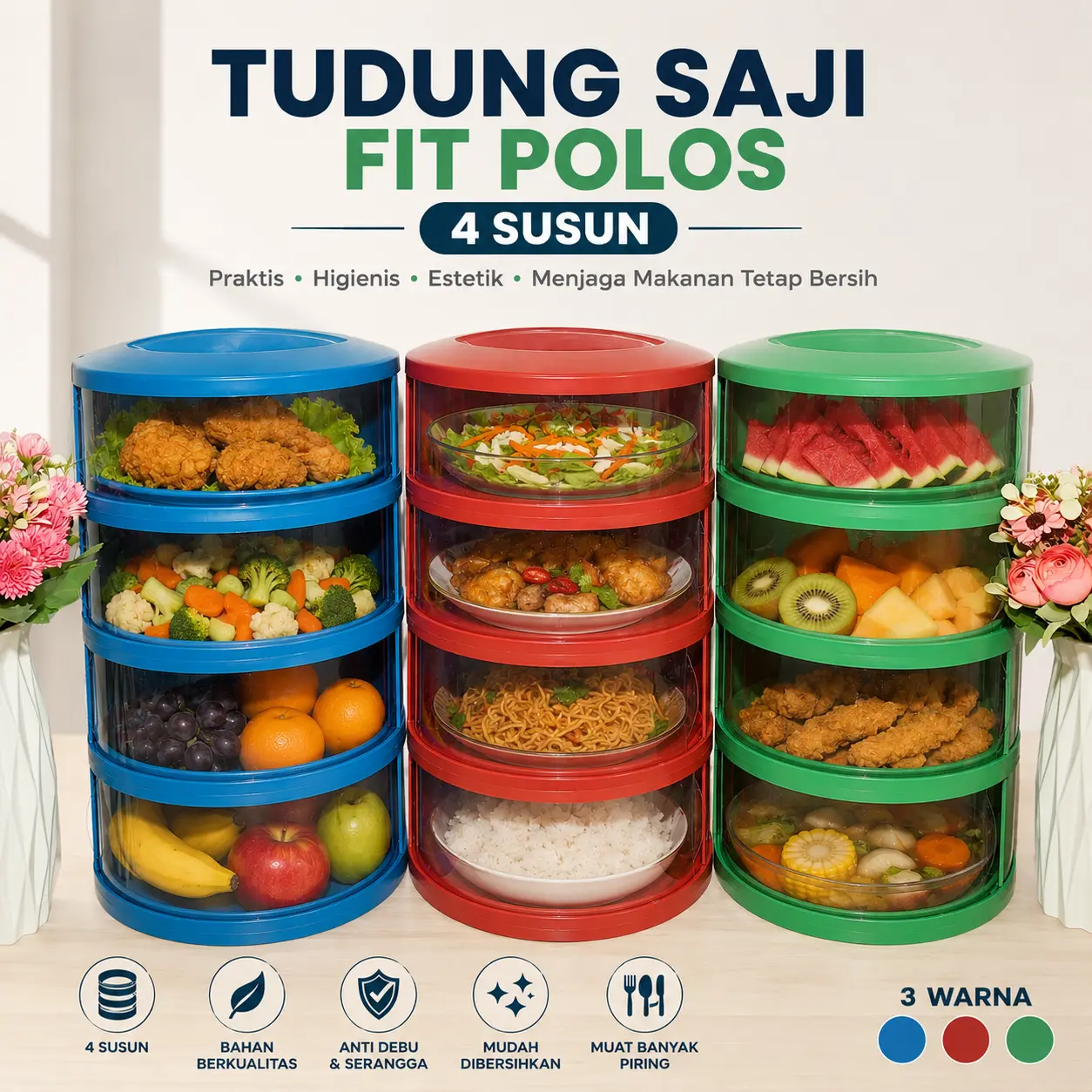 Tudung Saji FIT 4 Susun POLOS Tanpa Ring Lebih Tebal FOOD GRADE Cover Tempat Penyimpanan Makanan Praktis Multi Layer