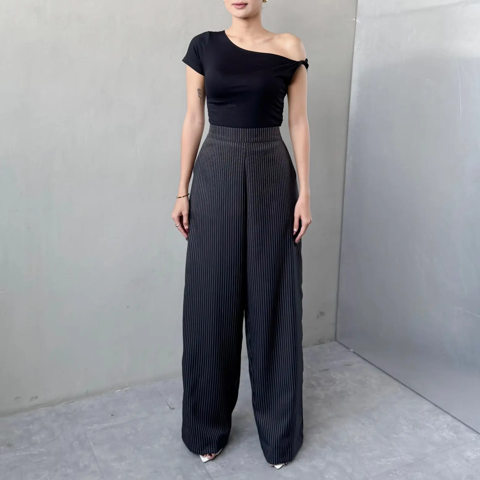 Georgios Women | Lucie Stripe Pants | Celana Panjang Wanita Kekinian Casual Cewek Kulot Karet Hitam Dewasa Loose Highwaist
