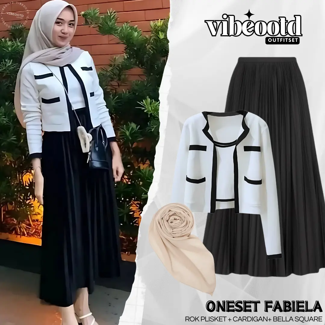 Fabiela Outfit Set Wanita Hijab ( Rok Plisket Panjang + Baju Atasan Cardigan + Bella Square Basic ) One Set Korean Style | Setelan Hangout Nyaman Simple |  Ootd Casual Ramadhan Bukber Dewasa