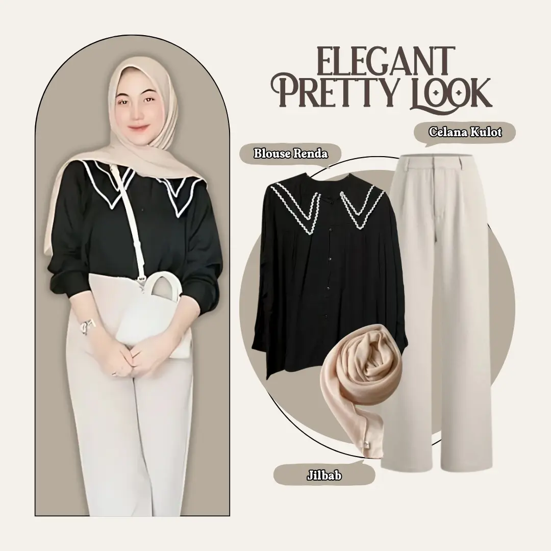 3in1 Setelan Wanita One Set Kekinian (Kemeja Korean Style Blouse Lucu, Celana Kulot Knit, Jilbab Segiempat Bella Square) LQ083 Atasan Hitam Kerah Renda one  set