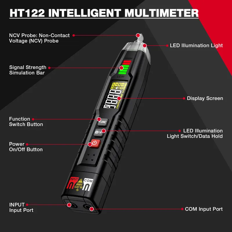HABOTEST-Đồng Hồ Vạn Năng Loại Bút Kỹ Thuật Số HT122, Máy Kiểm Tra Điện Áp Xoay Chiều DC, Đồng Hồ Vạn Năng Thông Minh, Trình Tự Pha NCV, Đồng Hồ Vạn Năng Phạm Vi Tự Động 4
