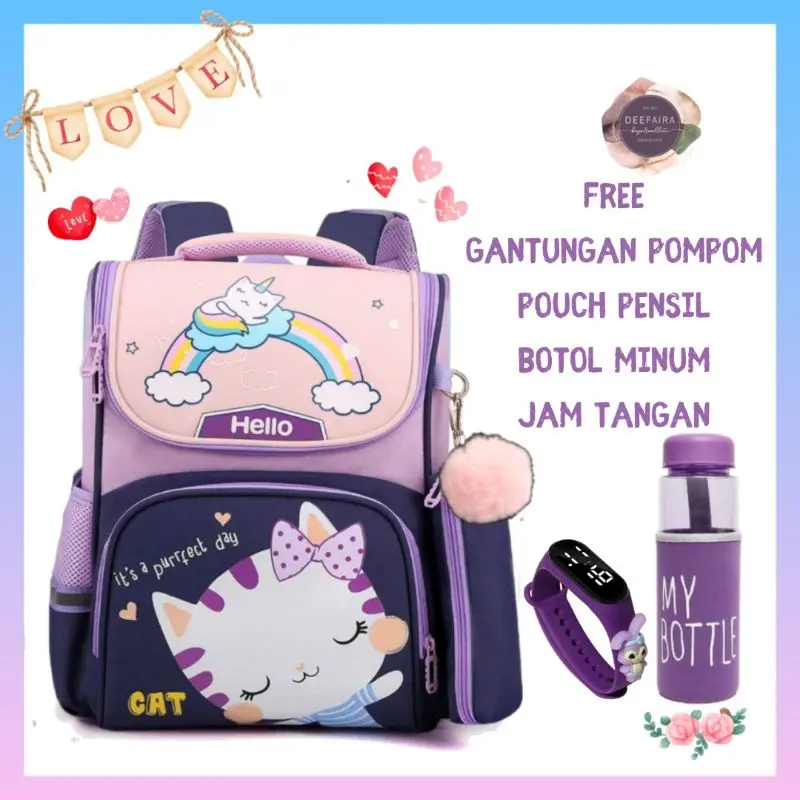 Paket 5in1 Tas Anak Perempuan Karakter Lucu its perfect Day Cat Hellow239 Kekinian Terbaru Terlaris COD Ransel Backpack Sekolah Anak Perempuan TK PAUD SD Bonus Botol Gantungan Tempat Pensil dan Jam Tangan Digital Lucu Kiyowo 1