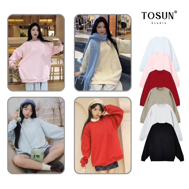 [TOSUN] Áo sweater cổ tròn form rộng dáng trơn basic dễ mix đồ chất nỉ ép Hàn S27