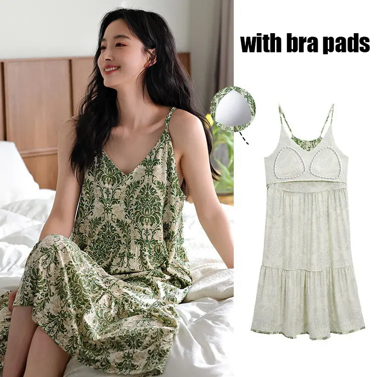 Mint Mambo Bohemia With Chest Pad Pendant Nightgown Women's Summer Ice Silk Pajamas Casual Dresses Wearable Home Clothing Sleepwear