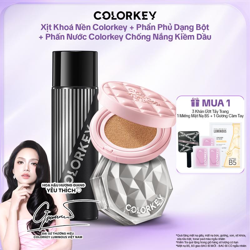 COMBO 3 Món - 1 Cushion 11g + 1 Phấn Phủ 8g + 1 Xịt Khóa Nền 100ml COLORKEY, 3 Bước Cho Lớp Nền Bền Lì Cả Ngày