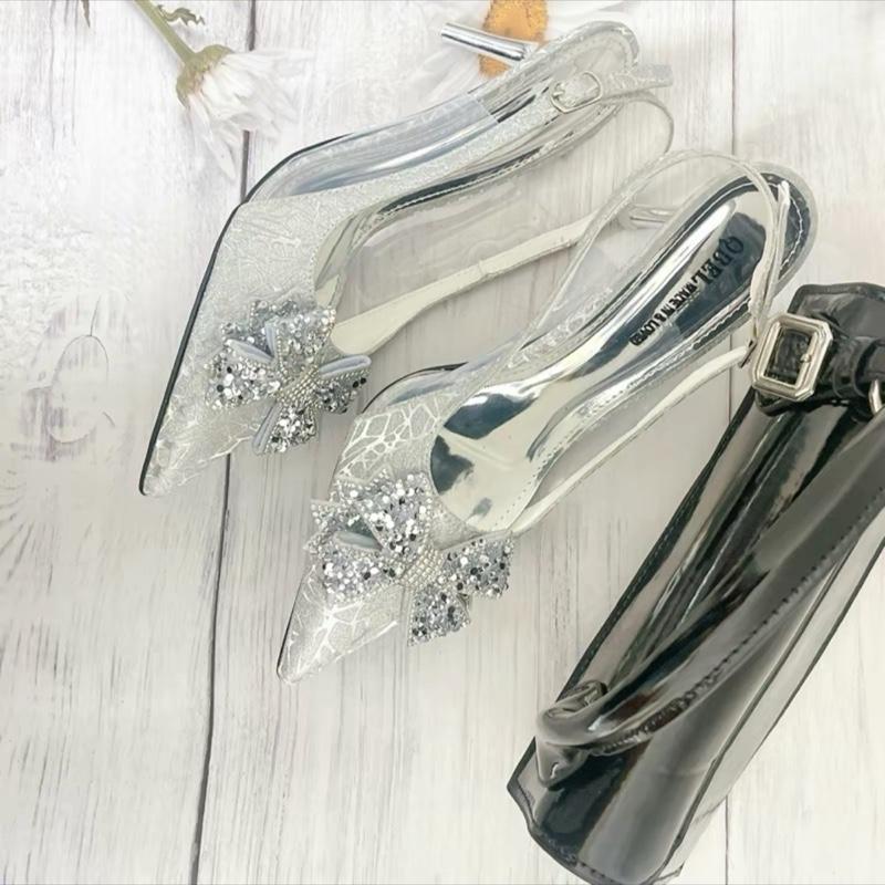 Giày Cao Gót Bít Mũi Nhũ Vân Kim Tuyến Đính Nơ đá gót cao 3-7-9cm . 2 màu Ánh Bạc - Đen