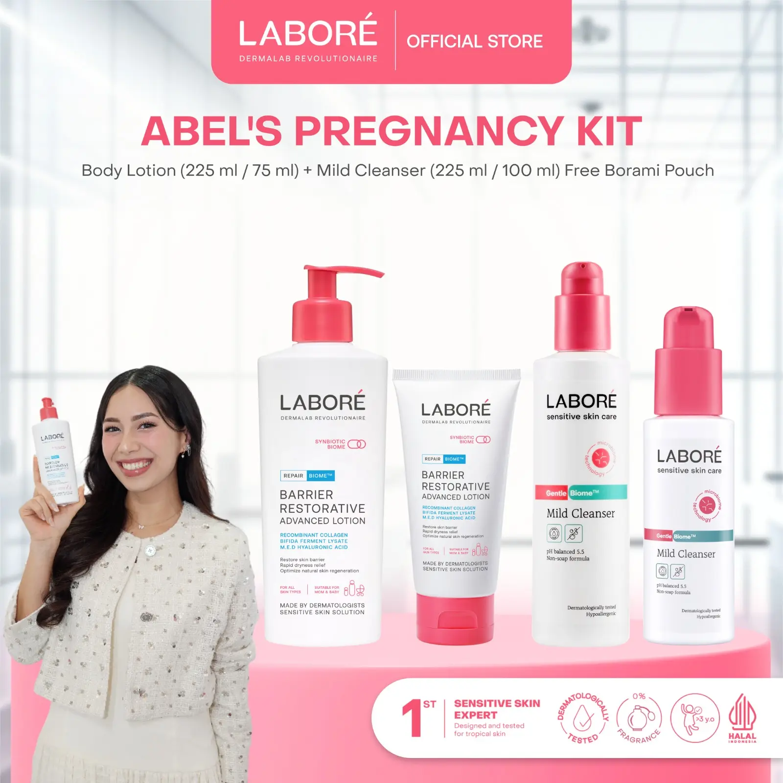 [ABEL ’S PREGNANCY KIT] LABORÉ Dermalab Revolutionaire Barrier Restorative Advanced Body Lotion 225 ml / 75 ml + LABORE Sensitive Skin Care GentleBiome Mild Cleanser 225 ml / 100 ml | Paket Skincare Ibu Hamil-Sabun-Wajah-Lembut-Body-Lotion-Melembapkan