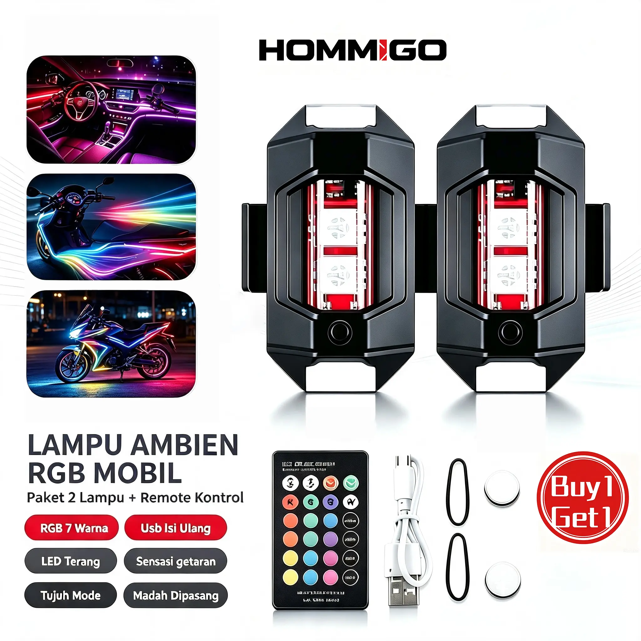 [Buy 1 Get 1] 2pc 7 Warna REMOTE Universal Pesawat Lampu Led Anti Air Sepeda Otomotif Mobil Lampu Kolong Motor 31 Mode