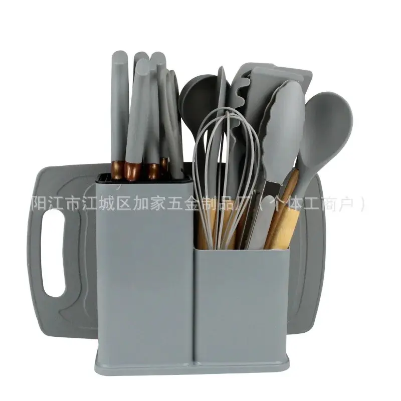 Conjunto de 19 utensílios de cozinha de silicone antiaderente, incluindo espátula, concha para sopa e jogo de facas com cepo. - 6