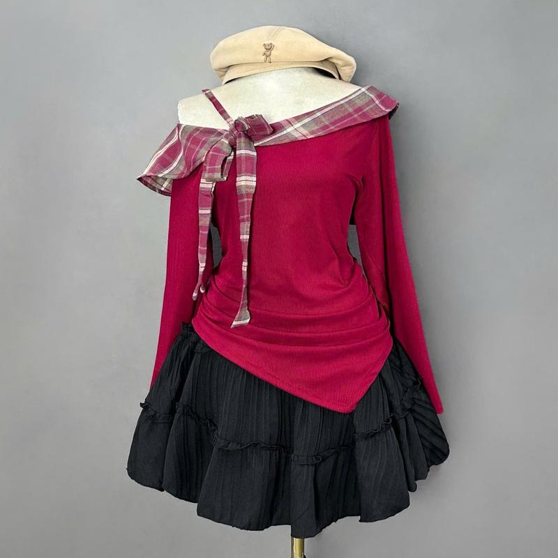  Set đồ  CÓ LẺ ÁO VÁY  bigsize nữ áo trễ vai tay dài vải tăm lạnh phối caro thô kèm chân váy xòe vải xốp  có quần bảo hộ  - A333+CV409 