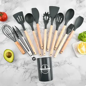 Spatula Silikon 11 Set Free Wadah Alat Memasak Sutil Gagang Kayu Tahan Panas