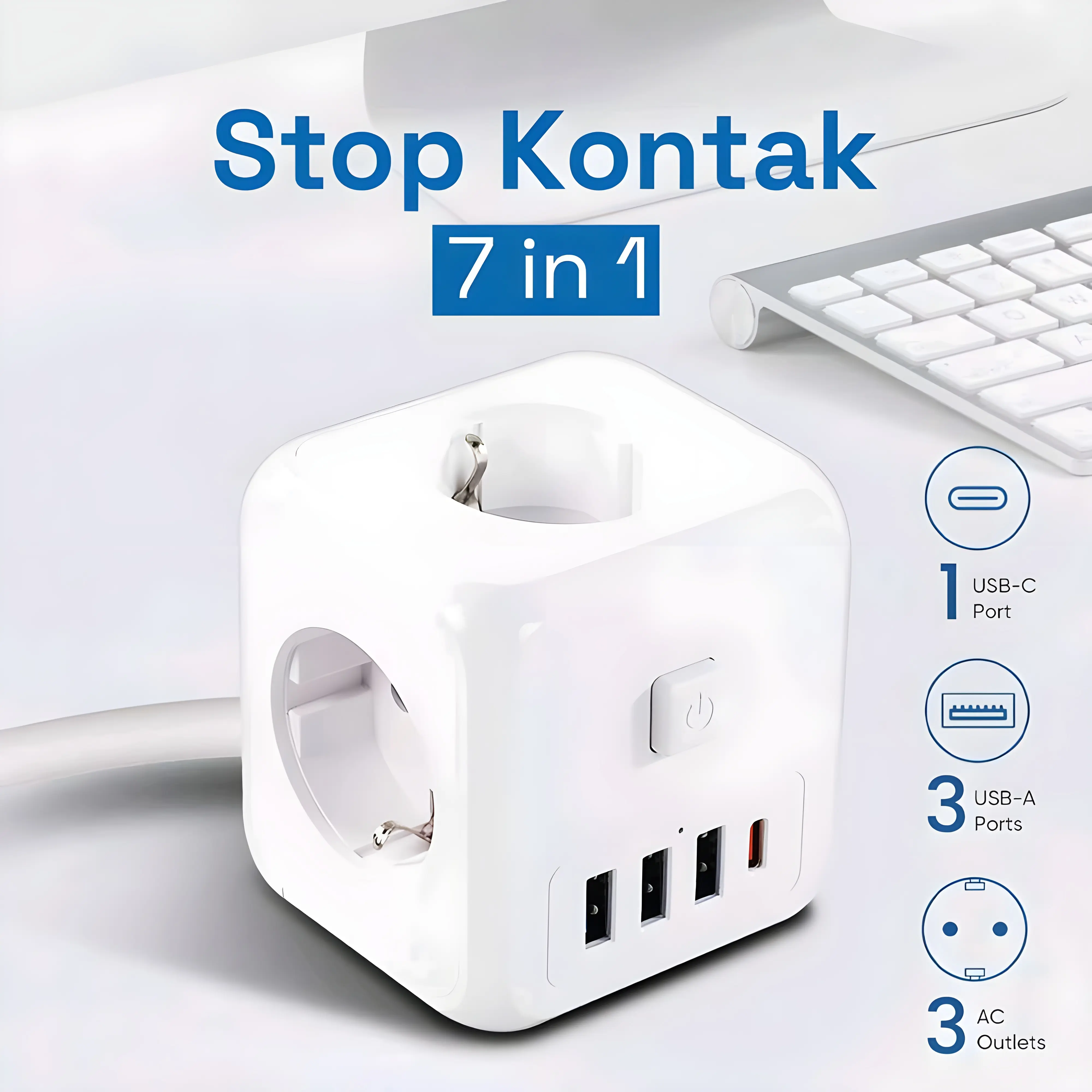Stop Kontak Colokan Listrik Multifungsi 7 in 1 USB Type C Port Cube Wall Socket Extension