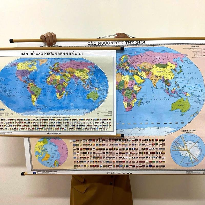 Bản đồ thế giới tiếng Việt tiếng Anh có nẹp treo tường