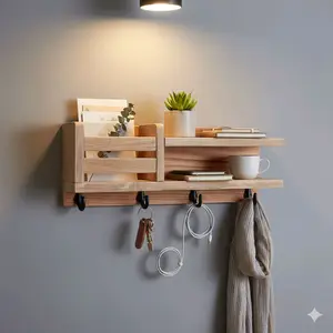 Rak Dinding Kayu dengan Rak Tanaman dan Gantungan Kunci untuk Dekorasi Rumah Modern