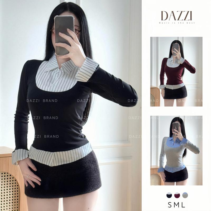 GIÁ MỞ BÁN Áo thun nữ phối cổ sơ mi sọc tay dài thiết kế ôm dáng chất cotton dày DAZZI Women A068