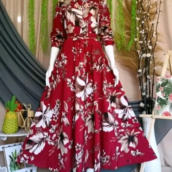 Gamis Katun Motif bunga tulip cantik muslim wanita_Model tangan rempel Dress