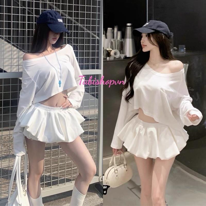 Set áo thun croptop tay dài phối chân váy bí màu trắng TABISHOP Set đồ nữ sang chảnh phong cách Hàn Quốc mặc hè đi chơi