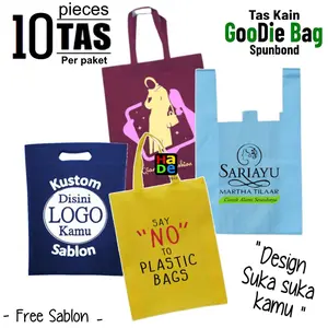Paket 10 pcs Jasa Sablon Tas Kain Spunbond Goodie Bag Semua Model Ukuran Bebas Kustom Design Tulisan / Custom Logo Untuk Kantong Belanja Bingkisan Souvenir Parcel Ultah Ulang tahun, Tote bag Hampers Wedding Pernikahan, Plastik Paper Bag Dus Kue Nasi Kotak