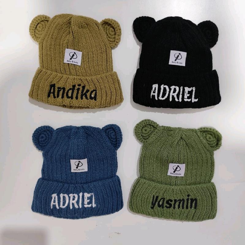 Topi Kupluk Telinga Anak Bayi INURHA Bordir Nama dg LABEL 0