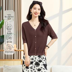MuMeng [100% Mulberry Silk] Knitted V Neck Breathable T Shirt Women's Summer Casual Top jacket women5073