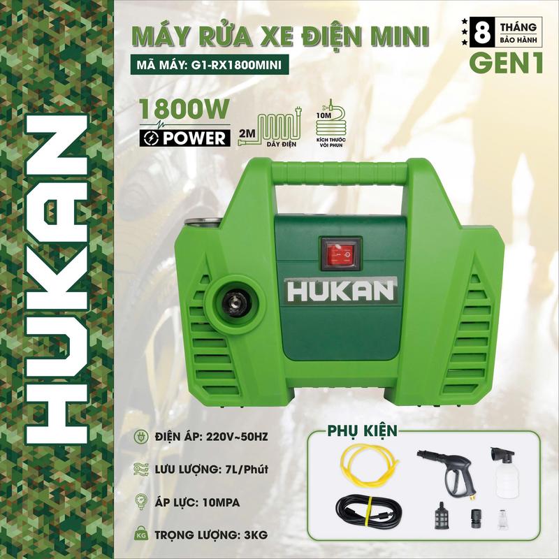  Máy rửa xe điện mini Hukan R1800 R1600M công suất 1600W lưu lượng 6lít phút áp suất 100BAR hàng chính hãng 