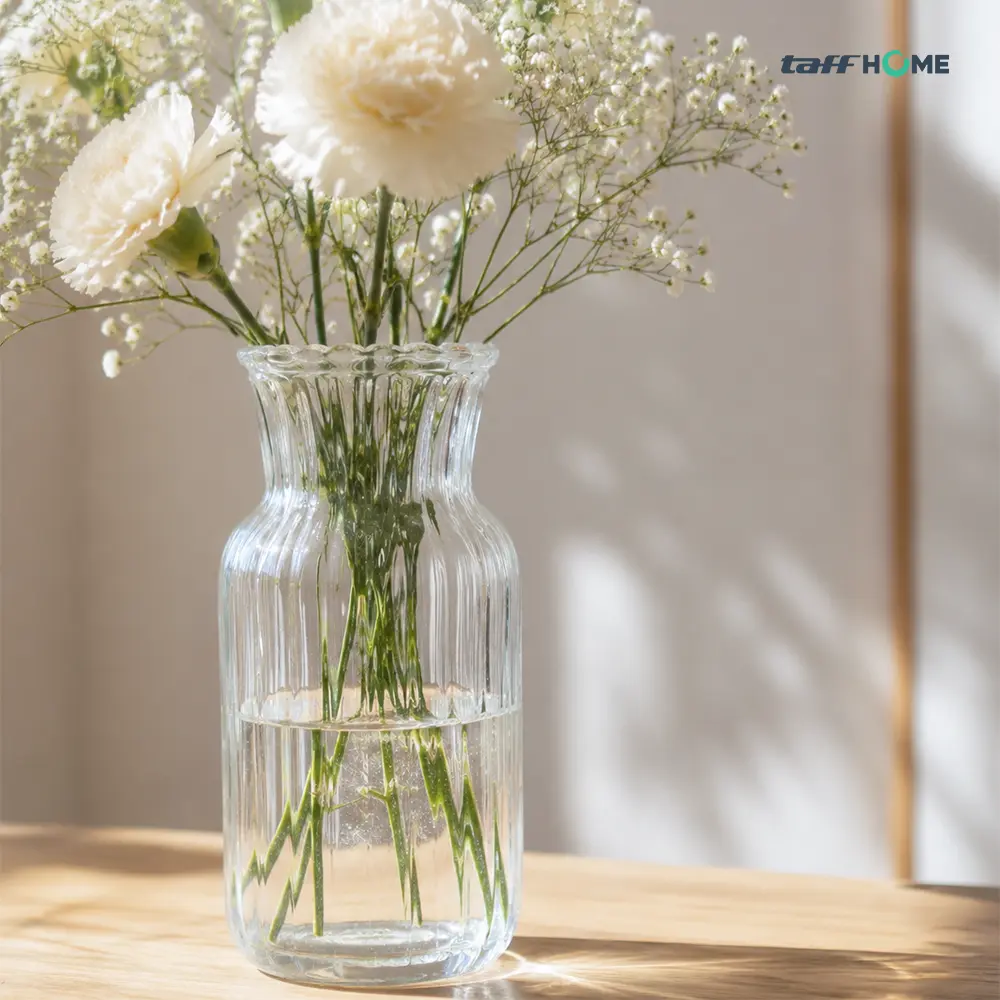 MOONBIFFY Vas Bunga Kaca Bening Transparan Estetik Dengan Desain Elegan Untuk Menghias Interior Rumah