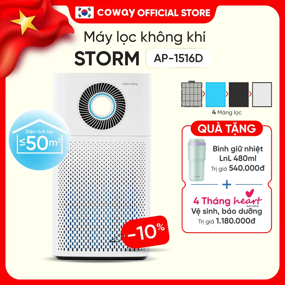Máy lọc không khí Coway Storm AP-1516D lọc diện tích phòng tối đa 50m2 Làm Sạch