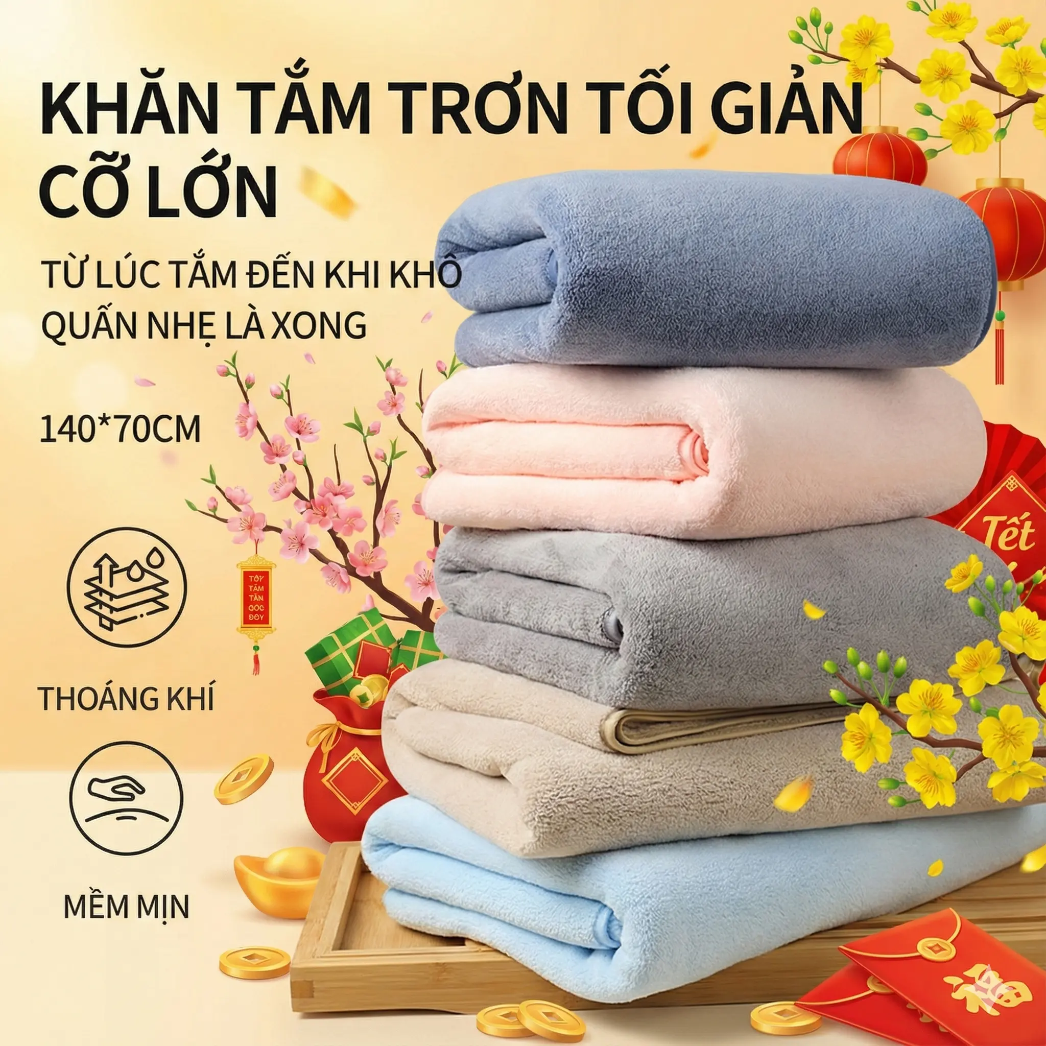 Khăn tắm, Cỡ Lớn, Thiết kế Trơn Đơn giản và thanh lịch, Thấm Hút nhanh, Mềm mại và thân thiện với da, Hãy Tận Hưởng Bồn Tắm thư giãn