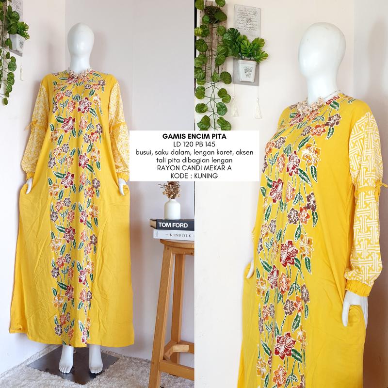gamis encim pita  LD 110-120 | busui friendly | gamis batik cap colet premium rayon candi mekar Muslim Dress Wanita 4