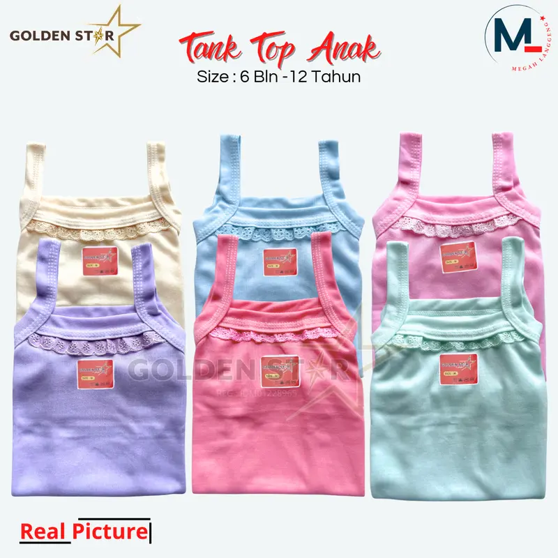 6 & 12 tentop anak warna warni / tangtop anak perempuan Renda / tangtop anak lusinan golden Star / tentop anak  6–12 tahun tank top anak 9–12 kaos dalam baju dalaman Fashion Atasan 3
