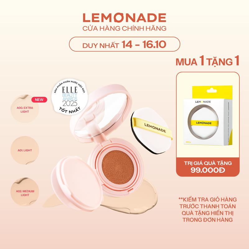 [MUA 1 TẶNG 1] MUA 01 Phấn nước siêu kiềm dầu Lemonade Supermatte Cushion 15g TẶNG 01 Bộ 3 Bông Phấn Tán Nền