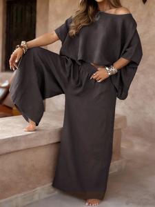 Conjunto de dos piezas para mujer: top ultra holgado y pantalón de pierna ancha, casual para verano e otoño, vestido cómodo de manga larga