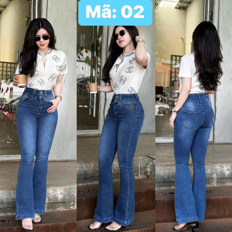 Quần Jeans Nữ Ống Loe dài Thêu Túi Lưng Cao Co Giãn Thời Trang Màu