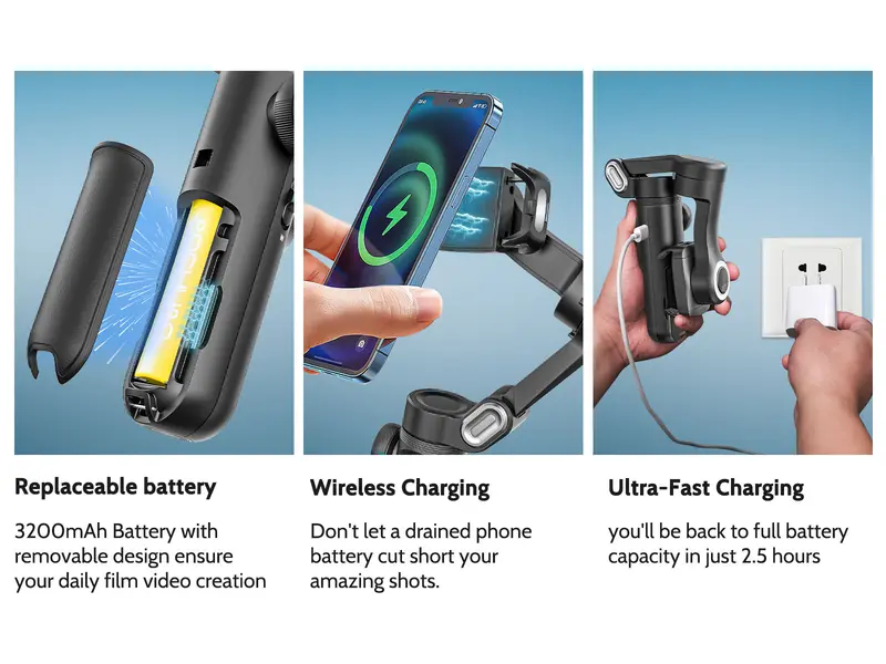 Product Introduction of AOCHUAN Gimbal Stabilizer for Smartphone, 3-Axis iPhone Gimbal, Portable Gimbal w/OLED Display for iPhone/Andriod, Gimbal stabilizer, Phone Gimbal stand with Face/Object Tracking for Tiktok Youtube, long-short video, Vlog-Smart X Pro black 3