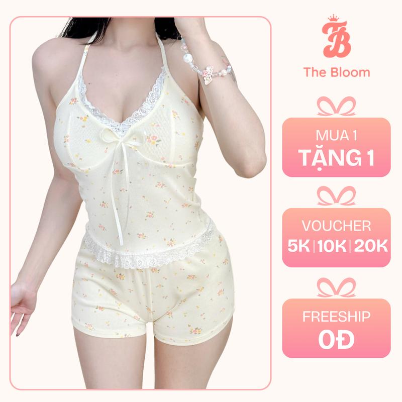 THE BLOOM CÓ MÚT Set Nữ In Hoa Nhí Áo Cổ Yếm Viền Ren Đính Nơ Kèm Quần Mini Ngắn Ôm Body Chất Cotton Thông Hơi xịn Nữ Mùa Hè Cotton Thoáng Mát - SE031 có mút ngực có đệm mút donguxinh