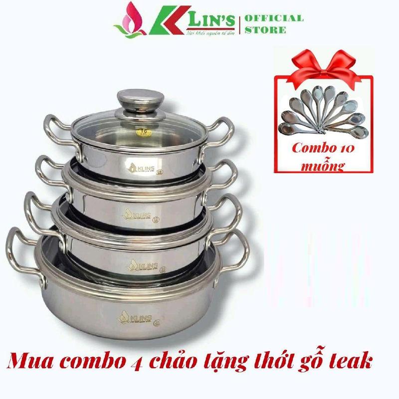  CHẢO KHO LIỀN KHỐI CAO CẤP KLINS SIZE 16CM-24CM  NẮP KÍNH  - COMBO 4 CHẢO KHO TẶNG THỚT GỖ TEAK 