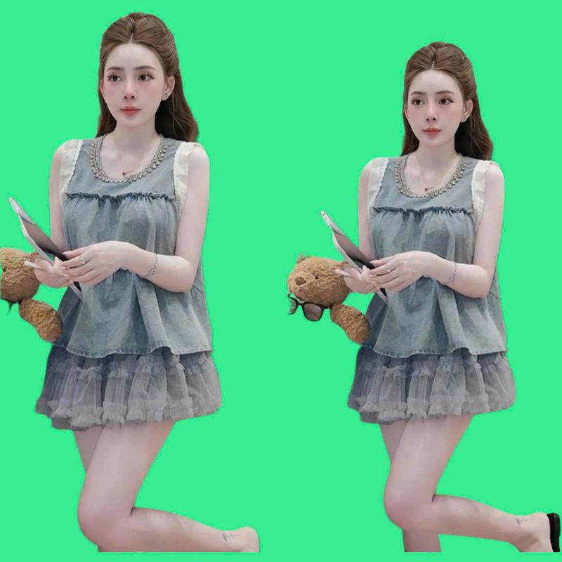 Set váy nữ áo jean tay ngắn phối ren cổ tròn dính dá mix chân váy voan tầng [có lót quần] xinh xắn dành cho nàng di chơi,di phố.women top