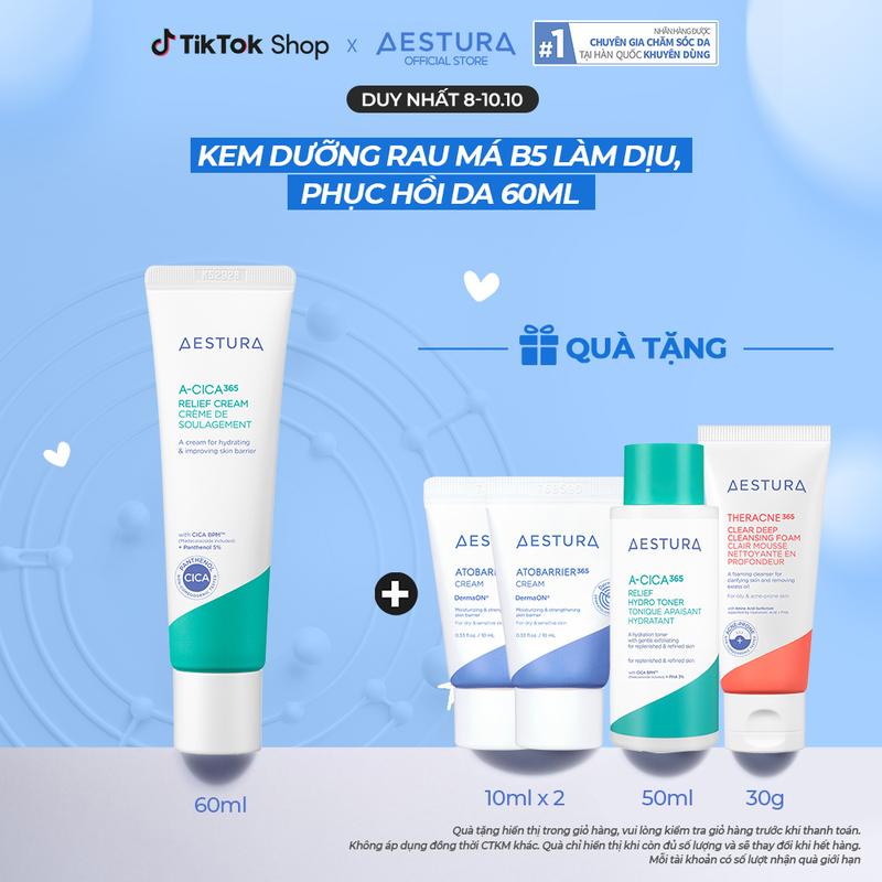 Kem dưỡng rau má B5 hỗ trợ làm dịu cho da khô/mụn/nhạy cảm AESTURA A-CICA365 Relief Cream 60ml