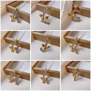 Kalung wanita, perhiasan tembaga titanium baru, kalung emas, kalung liontin huruf A-Z dengan berlian