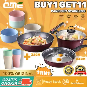 QME- (11in1) Panci Set Stainless Multifungsi Anti Lengket / Panci Set / Gelas & Mangkok Gandum Warna Warni / Alumunium Baja Stainlesss -KITCHENWARE