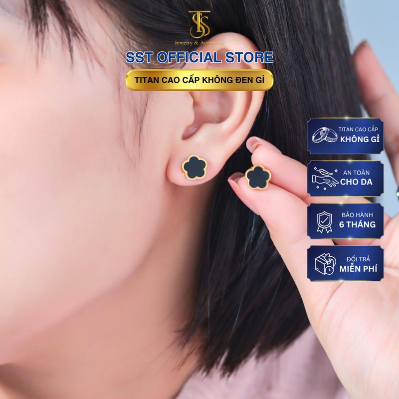 Bông tai nữ Titan SST Official Mặt hoa 5 cánh đen viền vàng Không Đen Gỉ BT173