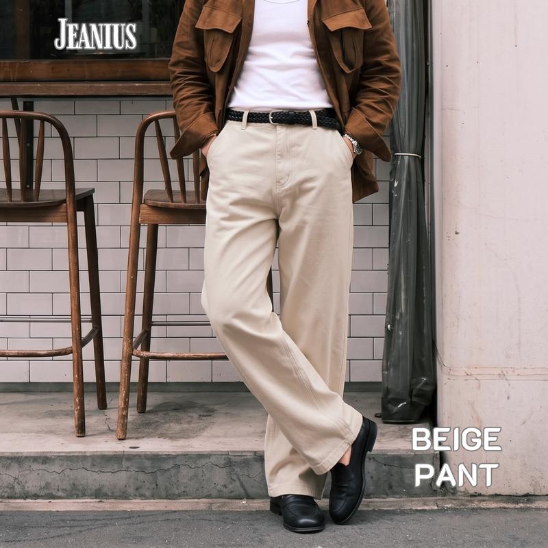 Quần Jean Nam Màu Be JEANIUS, Quần Bò Ống Suông Rộng, BEIGE PANT TÚI CHÉO