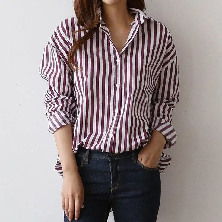 Kemeja Wanita Salur Stripe Polyrayon Size M-L-XL-XXL Atasan Kemeja Lengan Panjang 1