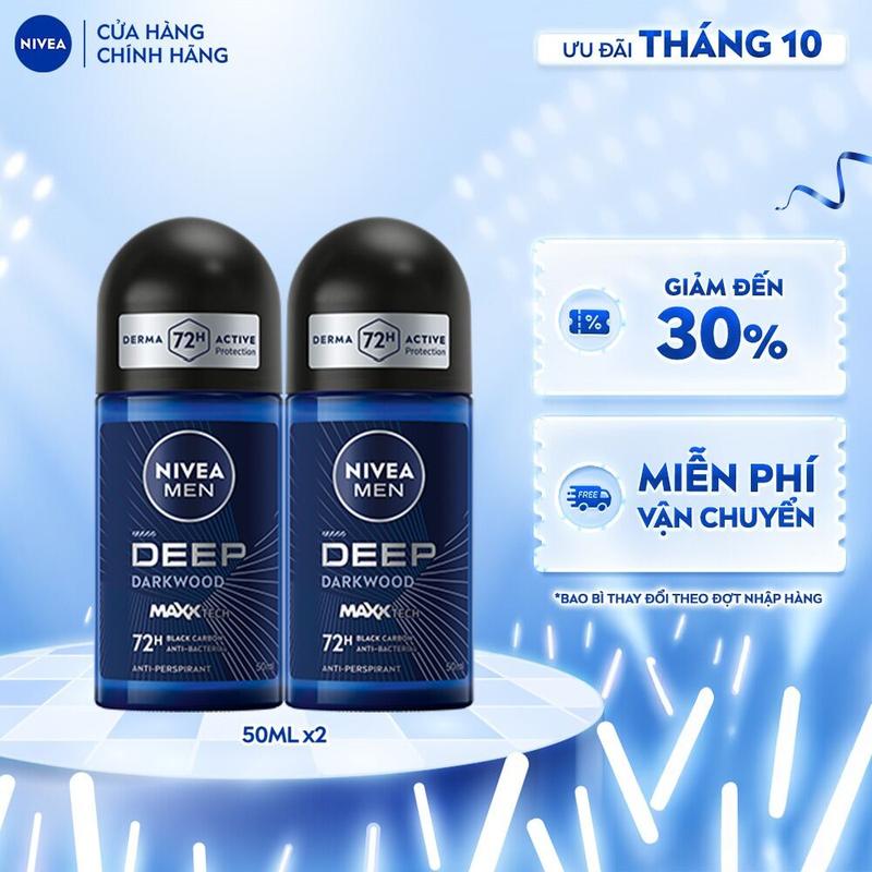 Bộ 02 Lăn Ngăn Mùi Nivea Men Deep Than Đen - Hương Gỗ Đen (50mlx2) - 80031x2