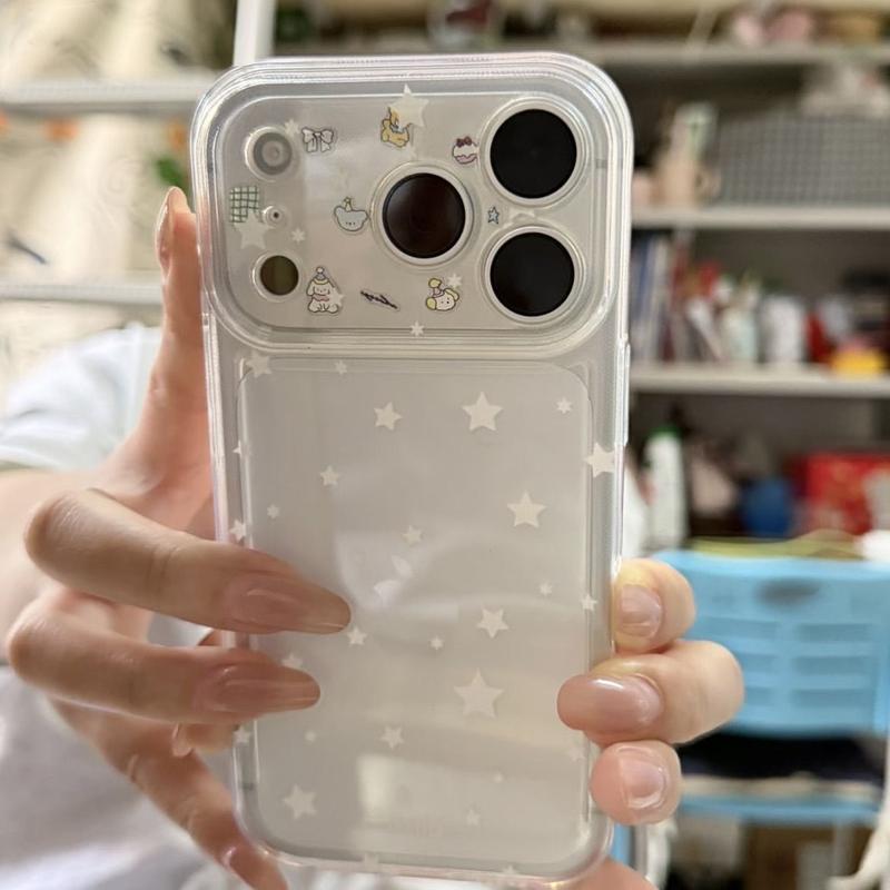 Ốp lưng iPhone trong suốt ngôi sao trắng sticker chibi thú bông bánh kem nơ TPU mềm chống va đập bảo vệ camera 13 14 15 16 Pro Max