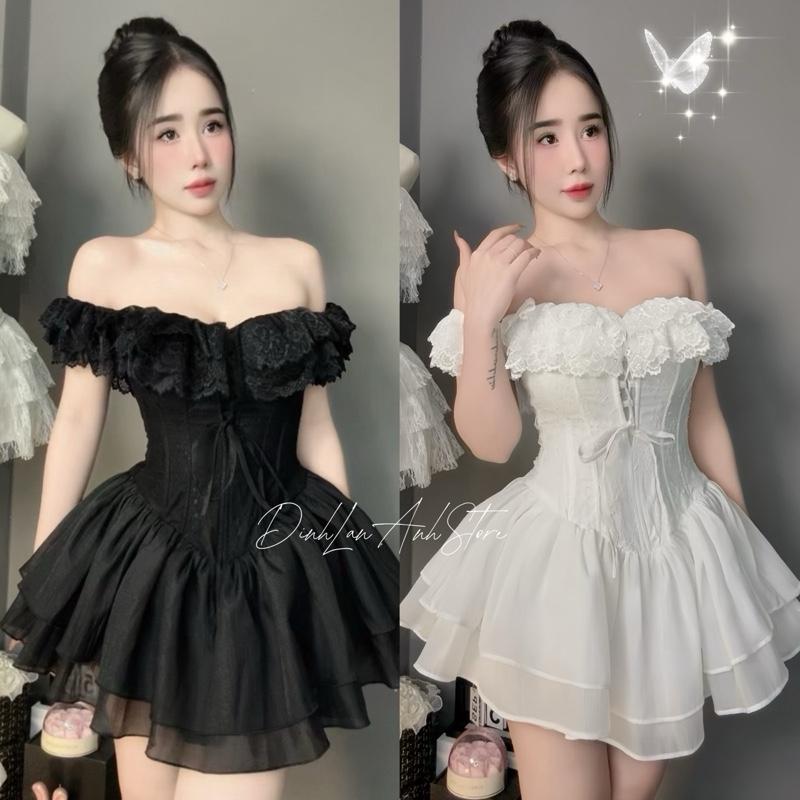  Váy Conset Ren Trễ Vai Dáng Xoè Tùng Bồng  có gọng  kèm quần rời - DinhLanAnhStore 