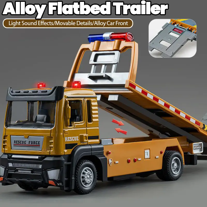 Kereta Kejuruteraan Die-casting Simulasi, Treler Lori Flatbed, Kereta Lantunan Lori Bandar 1:32 , Kereta Mainan Aloi, dengan Cahaya, Bunyi dan Cahaya, Hiasan Hiasan Koleksi, Sesuai sebagai Hadiah Kanak-kanak, Mainan Toy towing  truck diecast car kit