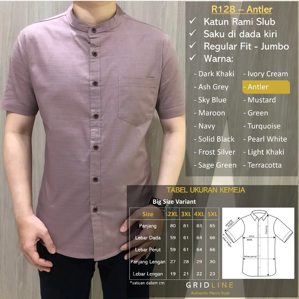 [GRIDLINE - R128 KOKO BIG SIZE Jumbo Colorful Premium Basic] S128 Koko Pria Regular Fit Jumbo Polos Katun Linen Rami Slub Premium kemeja Muslim Lebaran Seragam Dewasa