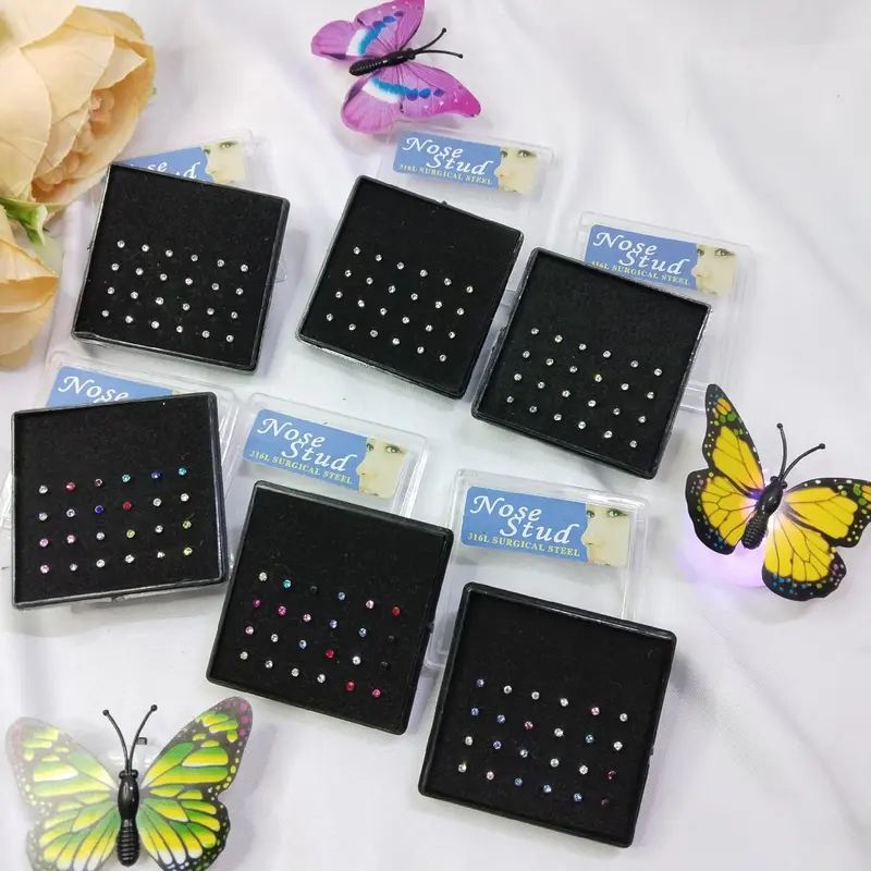 Anting Tindik Hidung 24pcs Tindik Hidung Nose Stud Silver Mata Warna Warni 0